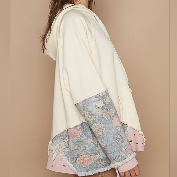POL Hoodie Floral Contrast Patchwork Top Distressed Raw Exposed Seam Sweatshirt - Picture 9 of 15